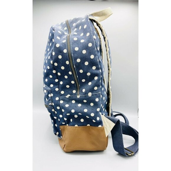 Navy Blue w White Polka Dots Backpack Cream Sparkle Trim Brown Faux Leather - Picture 4 of 9